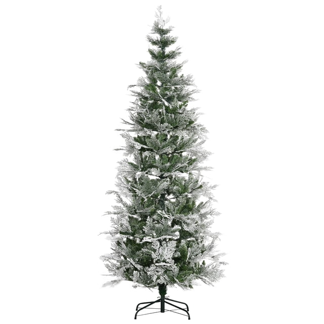 HOMCOM 7.5ft Snow Flocked Artificial Christmas Tree Pencil Shape featuring a slender, cypress-inspired design with 880 tips and a natural green appearance. The branches are coated with artificial snow for a wintry effect and are flame-retardant for safety. The tree includes a sturdy metal base for stability and hinge construction for easy setup. Ideal for small spaces and indoor use only.