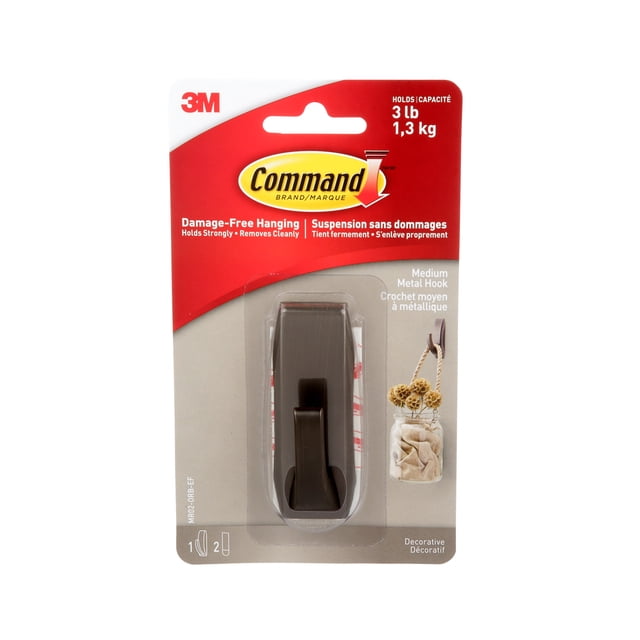 Command™ Modern Reflections Metal Hook, MR02-ORB-EF, oil rubbed bronze, medium, 1 hook, 2 strips