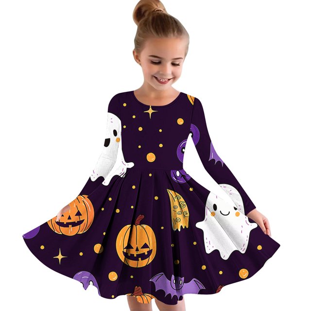 Tutus Robe pour Filles 10-12 Robe à Manches Longues à Col Rond 4-14 Ans Robe Princesse Imprimée d'Halloween pour Enfants et Filles Robe à Manches Longues à Col Rond Multicolore 170