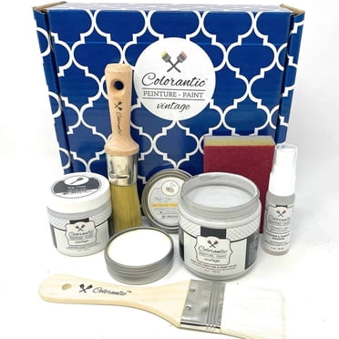 Colorantic / VOLCANO Gris Gris Trousse de Départ de Peinture à Base de Craie Cire Vernis Pinceaux Ronds pour Meubles Bricolage / Peinture Artisanale Décorative pour Bois / Trousse de 7 Articles