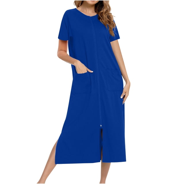 Erwazi Robe pour Femmes à Fermeture Éclair devant, Manches Courtes, Longue Robe de Chambre avec Poches, Tenue de Détente