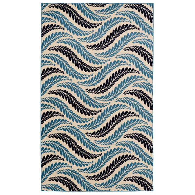 Capri Bridger Bone & Blue 6' 5" x 9' 3" area rug with a flat cut pile polypropylene surface, featuring a wavy leaf pattern in blue and black on a bone background, machine woven in Turkey, suitable for defining spaces in living or bedroom areas.