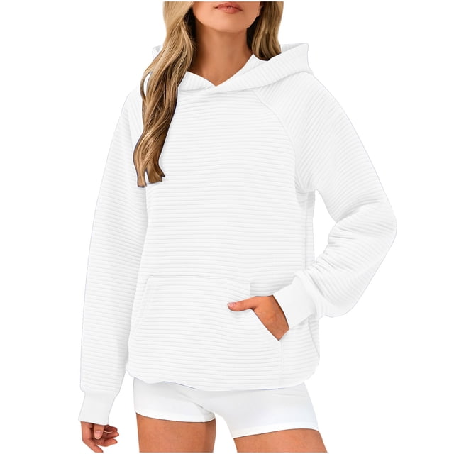 Penkiiy Chandail à Capuchon Surdimensionné pour Femmes 2024 Automne Manches Longues Col Rond Chandails Texturés Chandail à Enfiler Hauts avec Poche P Blanc
