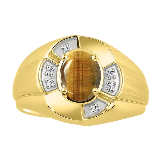 RYLOS 14K Yellow Gold Ring 8X6MM Oval Gemstone & Diamond Unisex Rings Tiger Eye November Birthstone Ring Size 11