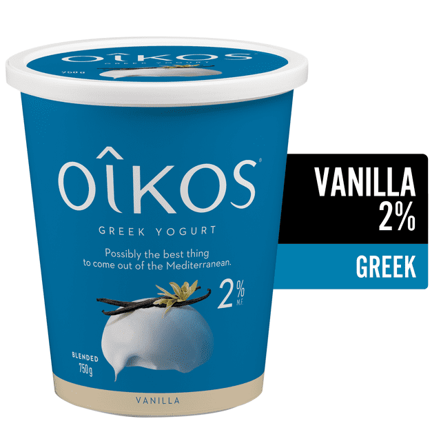 Oikos Greek Yogurt Vanilla Blended 2% M.F. in a 750g blue tub featuring vanilla bean and flower graphics, made with 100% Canadian milk and 17g protein per serving, suitable for breakfast, baking, or a snack.