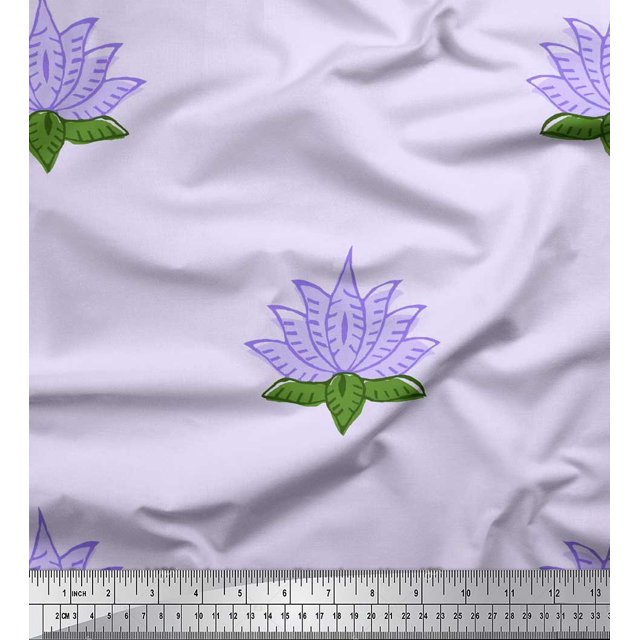 Soimoi Silk Fabric Leaves & Lotus Block Print Fabric by Yard 42 Inch Wide