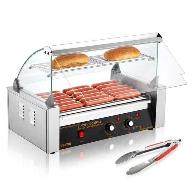 VEVOR Rouleau pour Hot-Dogs avec 7 Rouleaux en Acier Inoxydable, Capacité de 18 Hot-Dogs, Commandes de Température Doubles, Capuchon en Verre, Couvercle en Acrylique, Tablette Chauffe-Petits Pains et Plateau d'Égouttement d'Huile Amovible. Idéal pour Griller des Hot-Dogs, Saucisses et Boulettes de Viande. Comprend des Pinces et des Brosses pour le Nettoyage.