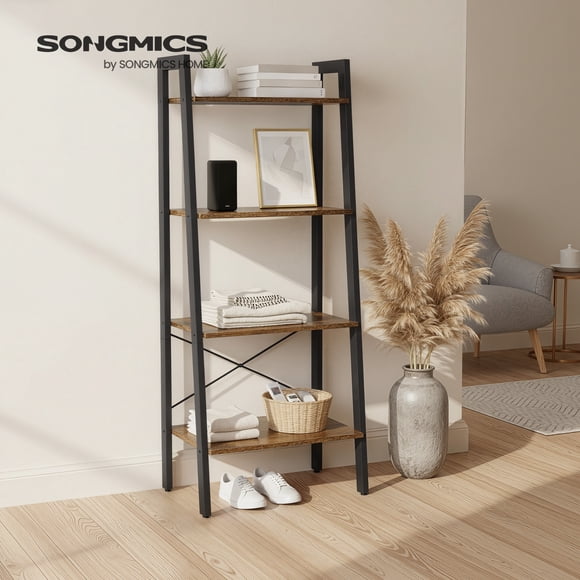 LEDREM 4-Tier Ladder Shelf Heavy Duty Storage Shelf with Steel Frame, Storage Rack Bookshelf for Home, Office, Rustic Brown and Black
