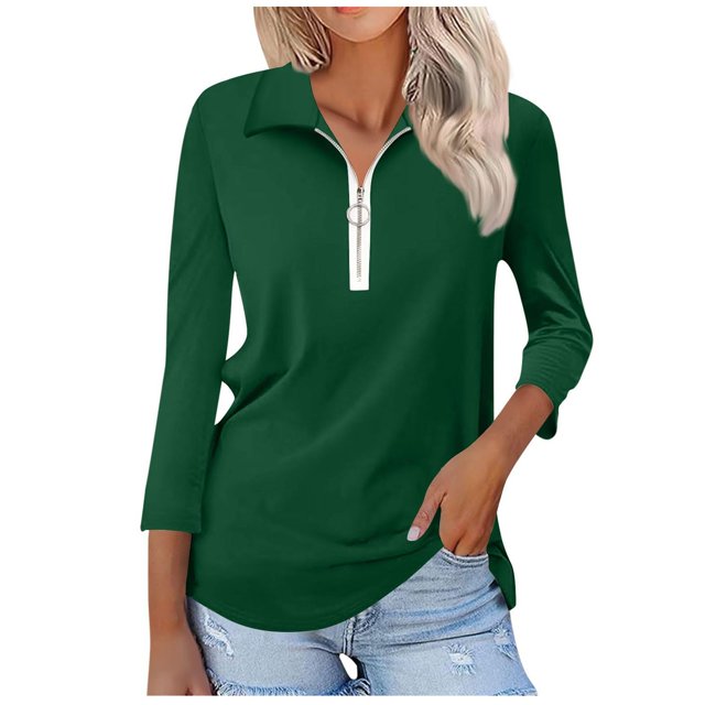 MeetoTime Chemises à Fermeture Éclair 1/4 pour Femmes Blouses Décontractées à Col Manches 3/4 Tuniques Tops Pull
