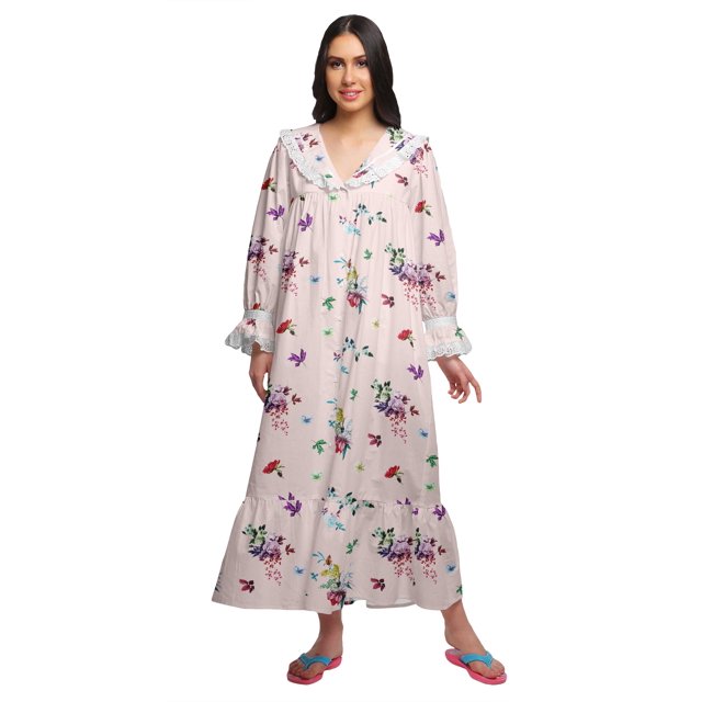 Moomaya Nuisette Imprimée Col en V en Coton Bordure à Volants Maxi pour Femmes