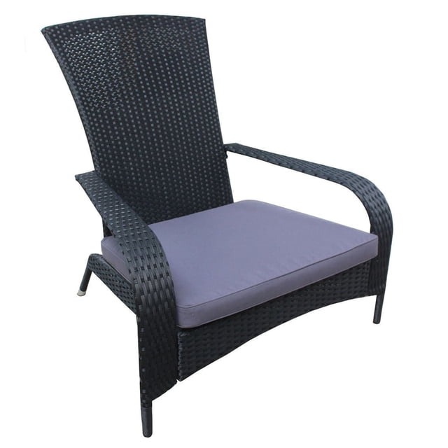 Patioflare Wicker Muskoka Chair with black handwoven wicker frame, wide curved arms, and a thick dark grey cushion, supported by a durable powder-coated steel frame with silver foot caps, suitable for outdoor patio seating and casual relaxation.