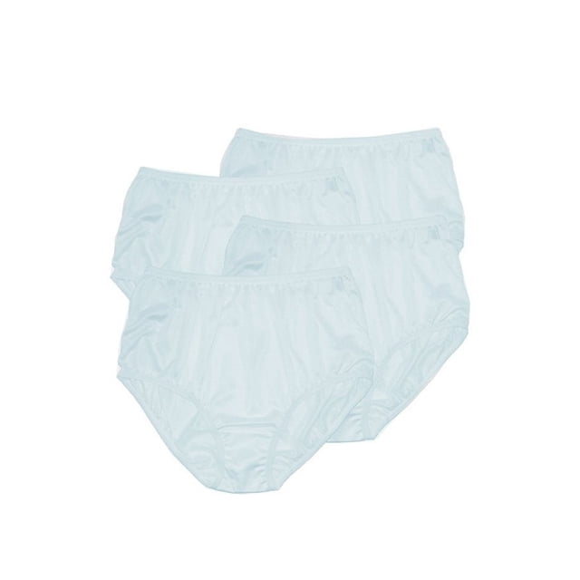 Teri Lingerie Plain Jane Full Cut Nylon Brief 4-Pack 331 featuring four full-cut nylon briefs in a smooth satin finish. These briefs are subtly shaped to follow the natural contours of the body, with a covered elastic waistband and soft scalloped trim for added comfort. Designed to prevent slipping or ride-up, the light nylon fabric feels silky against the skin. Ideal for women seeking a comfortable and classic fit.