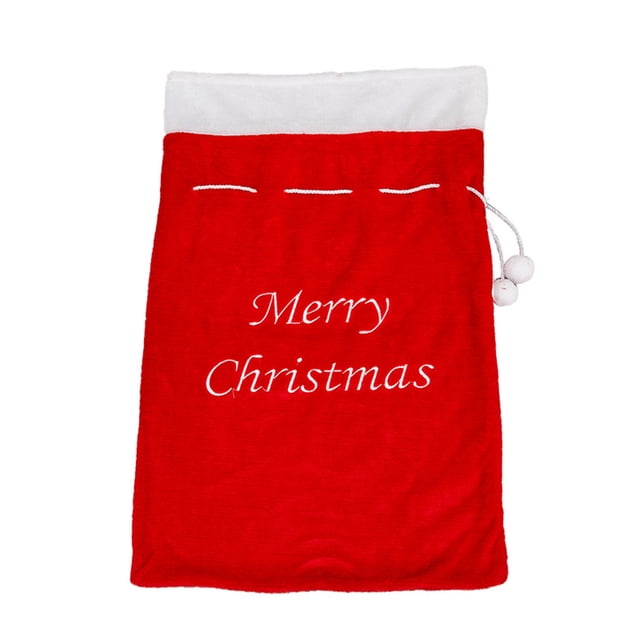 Christmas Gift Bags Large Christmas Gift Packaging with Drawstring. A red polyester fiber gift bag measuring 85x55cm (33.46x21.65in) with 'Merry Christmas' printed in white letters. Features a drawstring closure with white pom-poms for secure fastening. Suitable for organizing Christmas favors, party gifts, and holiday gatherings.