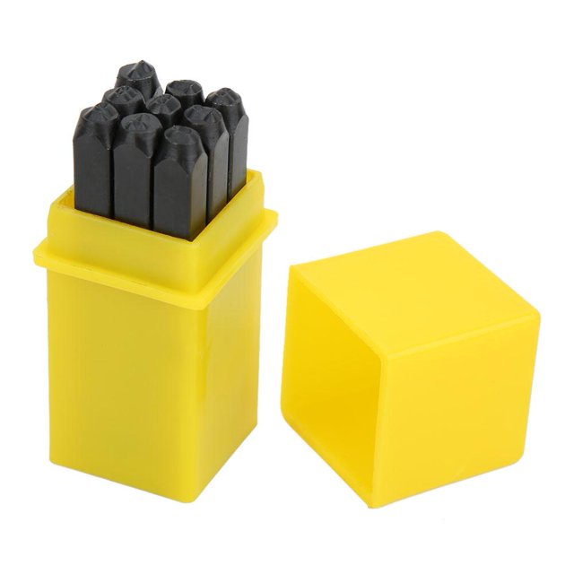 Carbon Steel 3Mm Numbers Punch Metal Stamp Craft Tool Kit with Case, featuring a set of 9 Arabic numeral stamps (0 to 9) made from hardened and tempered carbon steel with a sandblasted finish. Each punch is 60mm in length with 3mm high numbers, ideal for metal marking, jewelry, leatherwork, and wood crafting. Includes a yellow storage case for easy organization and portability.