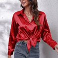 thumbnail image 2 of IROINID Économies Chemises à Manches Longues pour Femmes à Col en V Col Rabattu Chemise de Détente Unie T-Shirt Hauts, Rouge, 2 of 6