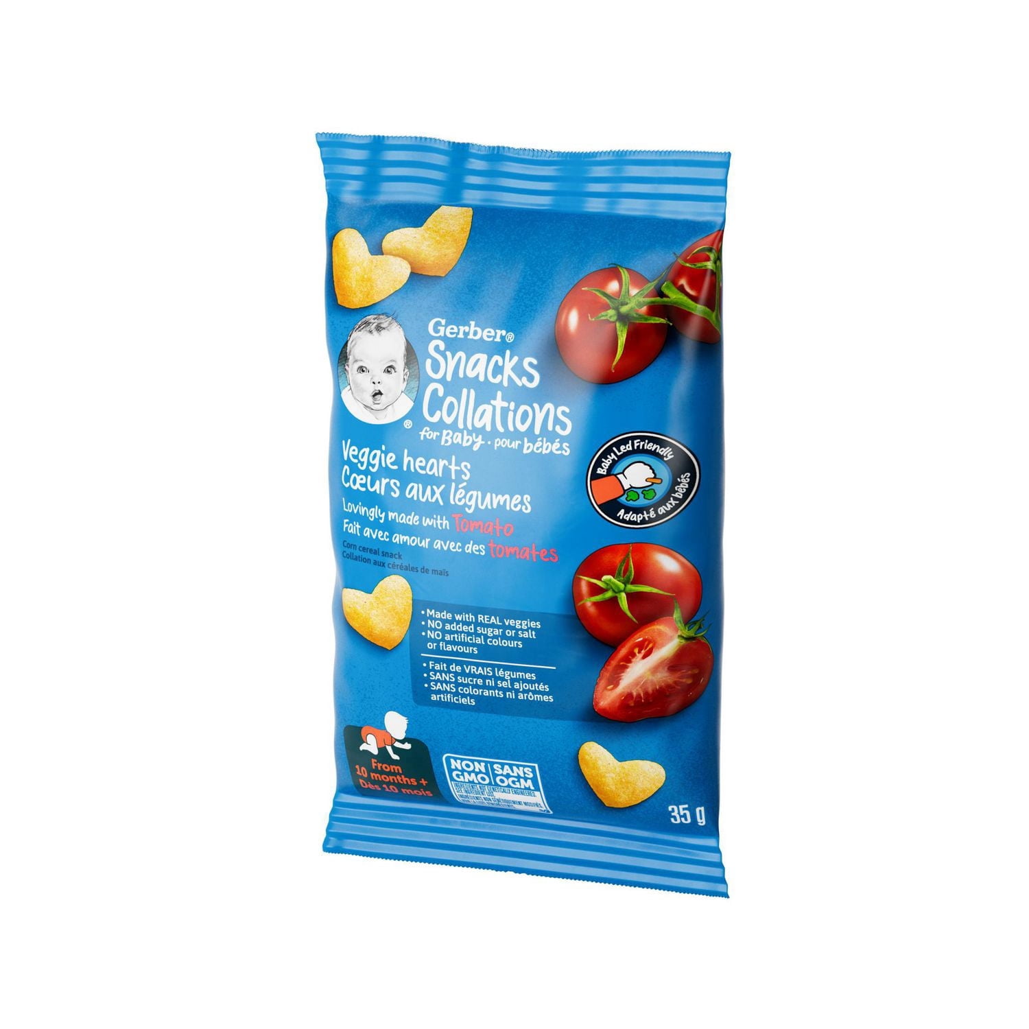 GERBER Cœurs aux légumes à la tomate, collations pour bébés, dès 10 mois, source de vitamine B1, de fer et de zinc, 3 g de grains entiers, sans colorants ni arômes artificiels, sans suc