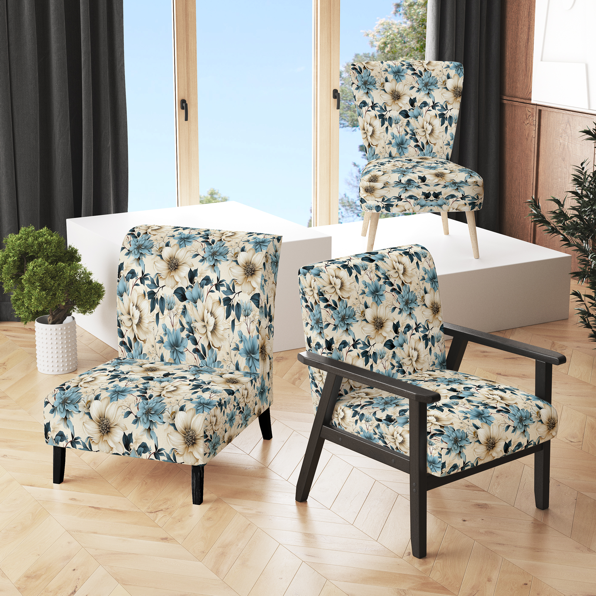 Designart "Beachy Blue Hydrangea Calm III" Blue Floral Upholstered Accent Chair - Cottage Arm Chair For Bedroom