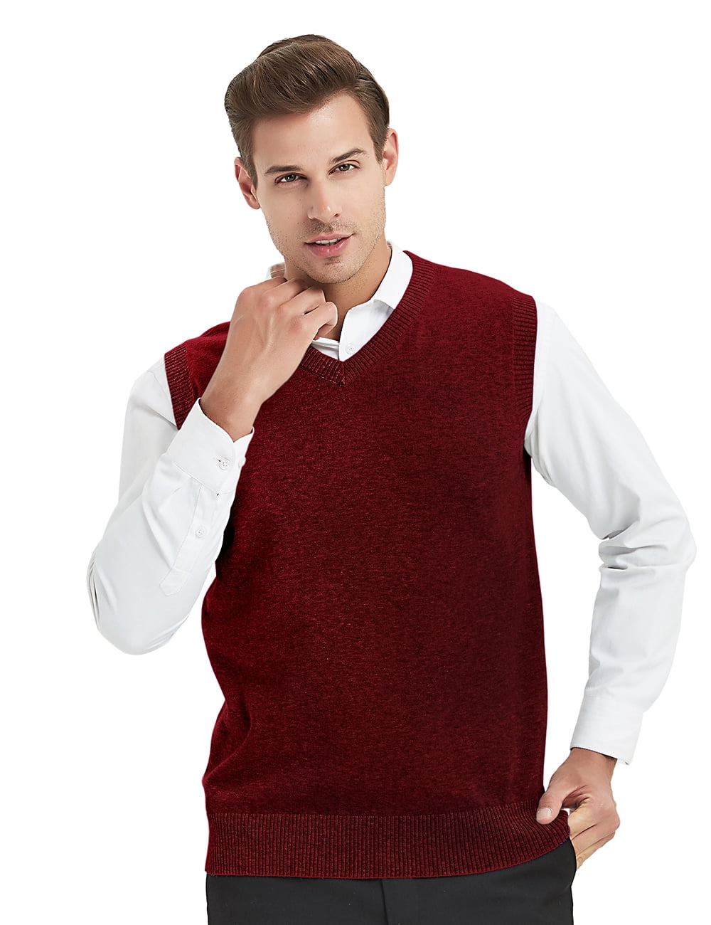 TOPTIE Men Business Solid Color Plain Sweater Vest, Cotton Fit Casual Pullover-Wine Red-S