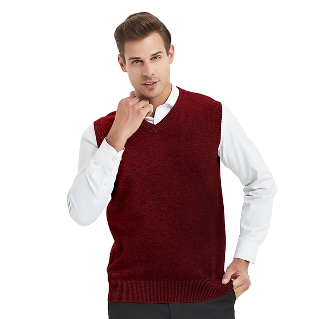 TOPTIE Chandail Sans Manches Uni pour Homme en Rouge Vin, Taille TG. Fabriqué en Coton Peigné 100 %, Ce Chandail Sans Manches à Col en V Présente un Ourlet Côtelé et une Coupe Ajustée. Style sur une Chemise Blanche à Boutons, Convient aux occasions Décontractées Ou d'Affaires.