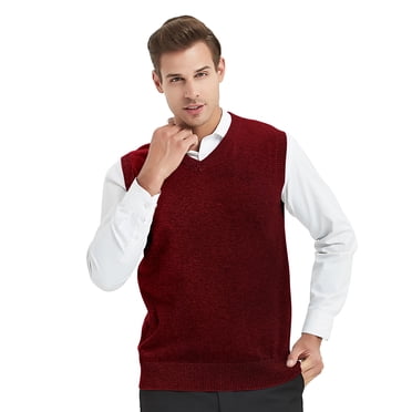 TOPTIE Men Business Solid Color Plain Sweater Vest, Cotton Fit Casual Pullover-Wine Red-M