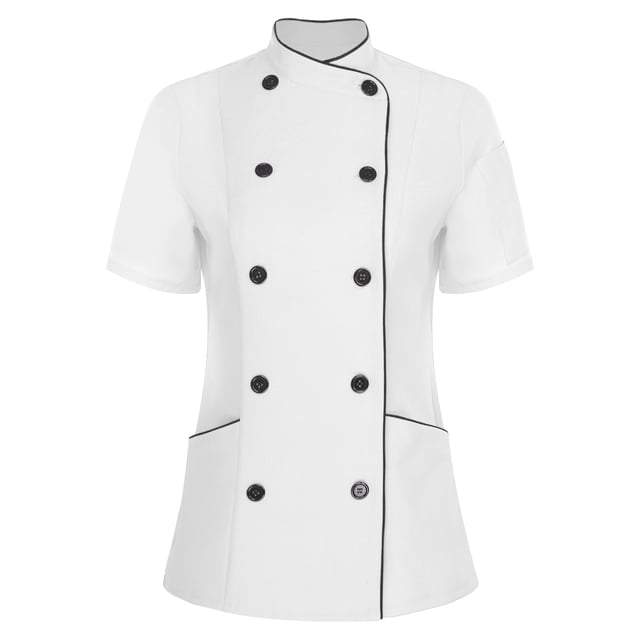 iefiel Women's Short Sleeve Cross Collar Chef Coat Double Breasted Chef Jacket Kitchen Restaurant Work Uniform White S