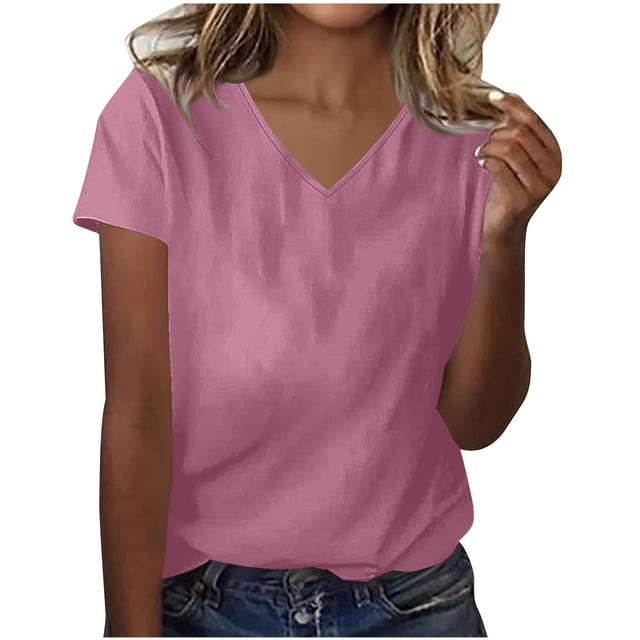 Besolor Summer Short Sleeve Shirts for Women Casual V Neck Solid Color Basic Tees Ladies Going out Tops