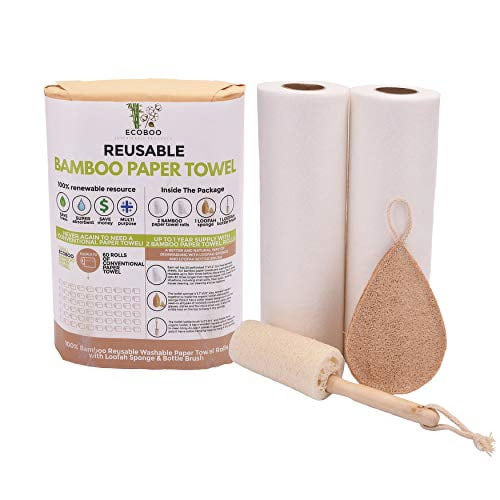 Reusable Paper Towels | 2 Rolls (40 Sheets) 1 Year Supply & Loofah Sponge & Dish Scrub Brush | Washable Thick & Strong Super Absorbent Bamboo Paperless Towels For Kitchen | Zero Waste Gift S