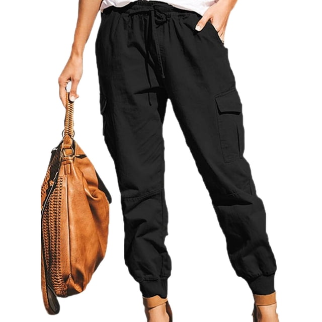 Mikilon Women Plus Size Drawstring Casual Solid Elastic Waist Pocket Loose Pants