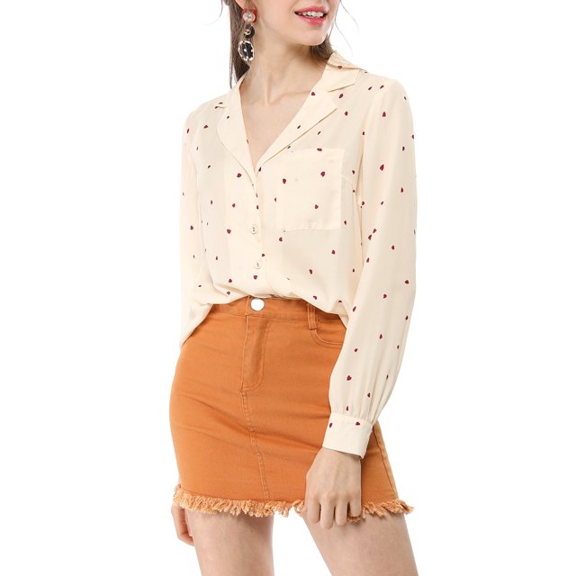 INSPIRE CHIC Women's 1950s Vintage Long Sleeve Printed Button Down Tops L Beige