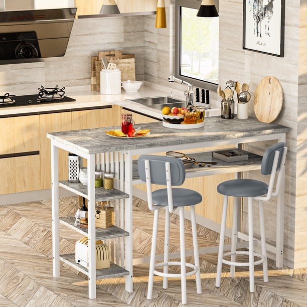AWQM Gray Pub Table Set for 2, 4-Tier Storage Kitchen Table and