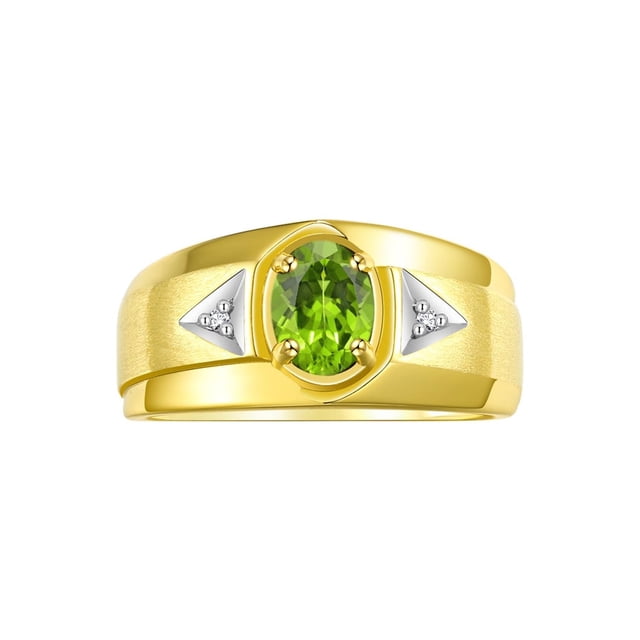RYLOS Men's Rings 14K Yellow Gold Classic 7X5MM Oval Gemstone & Diamond Ring Peridot August Birthstone Rings For Men, Gold Rings Size 11