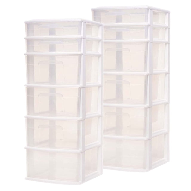 Homz Tour de Rangement Domestique Moyenne en Plastique à 6 Tiroirs Transparents (Lot de 2)