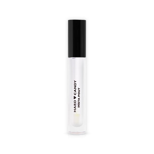 Hard Candy INSTA POUT Plumping Lip Gloss in a clear tube with black cap, featuring a sheer, shiny formula that instantly volumizes and hydrates lips with hyaluronic acid and fruit extracts, ideal for wearing alone or over lipstick.