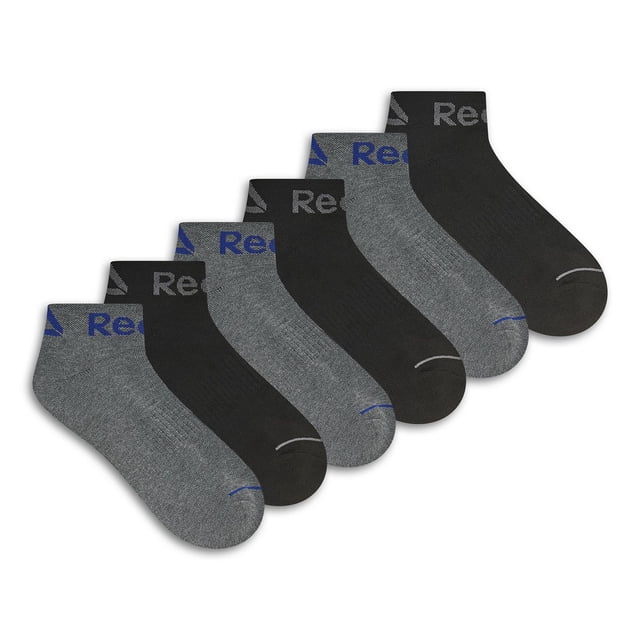 Reebok 6 Pk, Men’s Ankle socks in black and grey with cushioned comfort, stretch performance, and moisture control, featuring the Reebok logo on the cuff, arranged in a staggered row on a white background, suitable for athletic and casual wear.