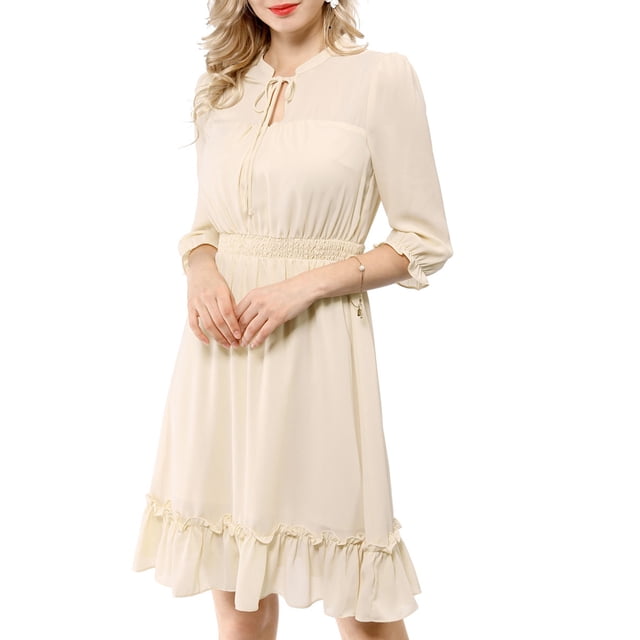 INSPIRE CHIC Robe A-Line en Mousseline Smockée pour Femme à Ourlet Volanté Superposé Manches 3/4 TG Beige