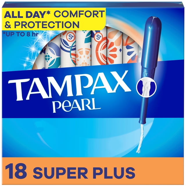 Tampax Pearl Tampons with LeakGuard Braid, Super Plus Absorbency, unscented, showing a blue applicator with a white tampon string and a box with colorful tampon wrappers, highlighting all day comfort and protection for up to 8 hours, containing 18 tampons.