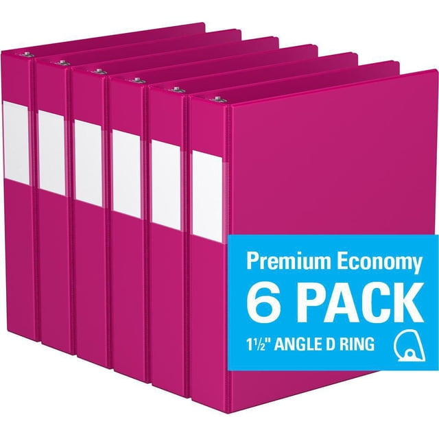 Davis Group Premium Economy D Ring Binder 6 Pack, 1.5 inch angle D ring binders in magenta with white label holders on spines and clear interior pockets for documents, suitable for conferences, colleges, and office use.