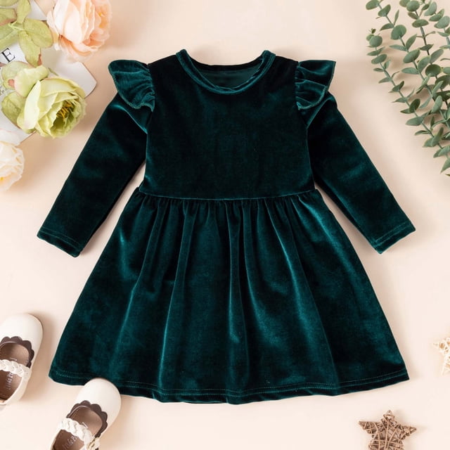 LSLJS Robe Froncée à Manches Longues en Dentelle en Velours Uni à Simple Face pour Bébés et Tout-Petites Filles, Tenues pour Bébé