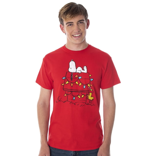 Peanuts Men's Snoopy Christmas Holiday Lights Dog House T-Shirt (Medium)