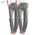 thumbnail image 1 of AherBiu 2PCS Womens Linen Pants Drawstring Elastic Waisted Straight Leg Casual Trousers with Pockets, 1 of 6
