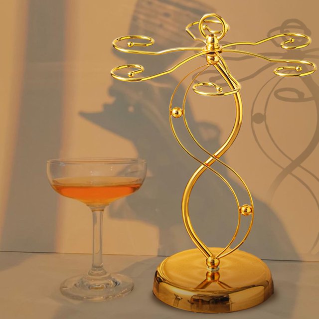 Oleegame 1PC Countertop Wine Glass Holder Wine Glass Holder With 6 Hooks Countertop Freestanding Stemware Drying Rack Tabletop Glasses Display Stand For Home And Bar Storage Gold