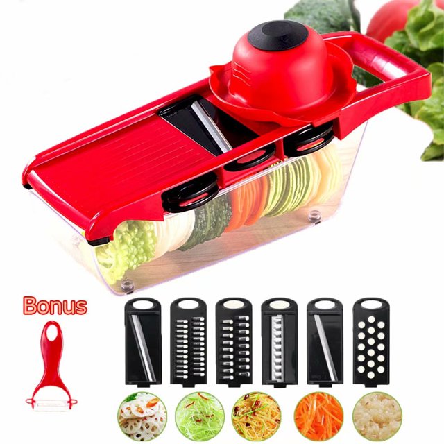 Mandoline Trancheuse Réglable Déchiqueteuse de Légumes Professionnelle Mandoline Trancheuse pour Cubes Hachoir Portatif pour Aliments pour Bébé avec 6 Lames Interchangeables Protège-Mains pour la Cuisine