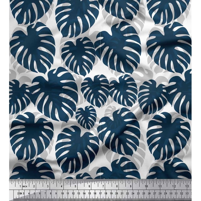 Soimoi White polyester Crepe Fabric Monstera Leaves Decor Fabric Printed Yard 52 Inch Wide