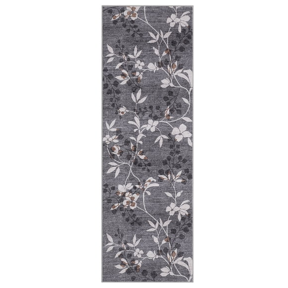 Washable Botanical & Vintage Floral Runner Rug - Non-Slip, Soft Low Pile, Mark Resistant, Collapsible Carpet for Hallway, Kitchen, Bedroom, Entryway, Living Room - Grey, USA, 2x6ft (61x183cm)