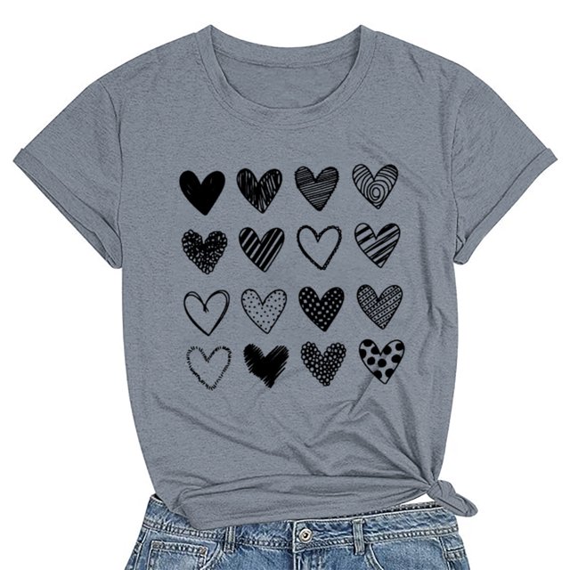 Meichang T-Shirts de la Saint-Valentin pour Femmes, T-Shirts Graphiques Mignons avec Cœur, Manches Courtes, Col Rond, Coupe Ample, T-Shirts de Fête, Cadeaux de la Saint-Valentin