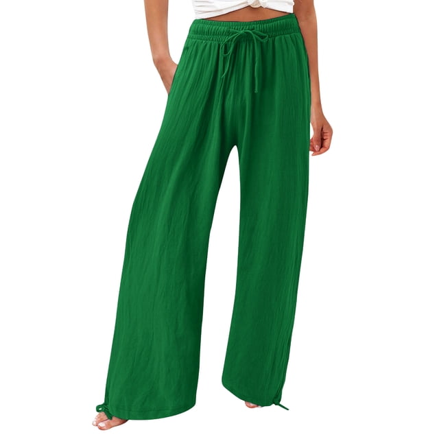 Timegard Womens Pants Plus Size Elastic High Waisted Drawstring Wide Leg Lightweight Casual Loose Trousers
