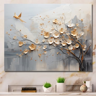 Designart Abstract Shapes Oversized Wall art decor, Abstract Shapes Wall Art, Vision Of Japanese Trees In Beige And Gold , Beige Canvas wall art, 32x24 inches
