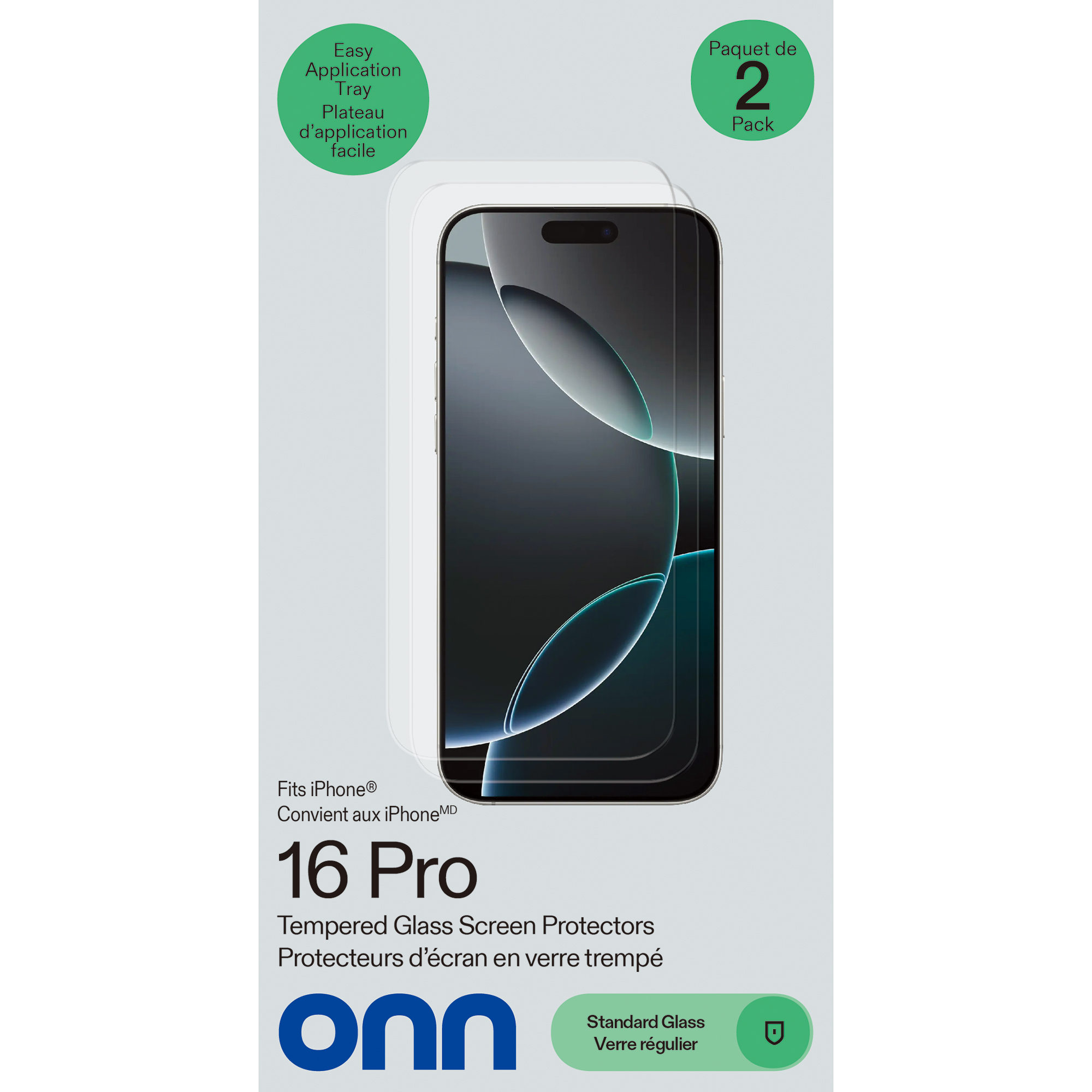 Onn iPhone 16 Pro 2 Pack Premium Japanese Tempered Glass Screen Protector with Easy Application Tray, Scratch and Impact Absorbing