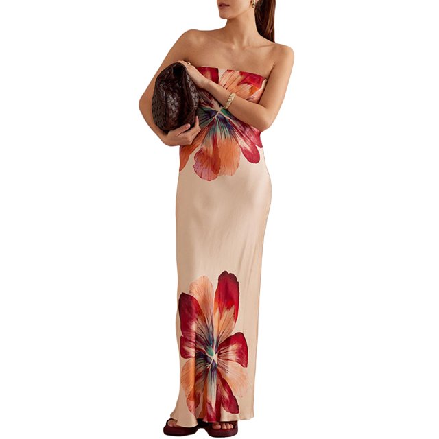 Gupgi Robe Tube à Imprimé Floral pour Femmes, Sans Bretelles, Dos Nu, Longue, Vintage, Épaules Dénudées, Cocktail, Plage