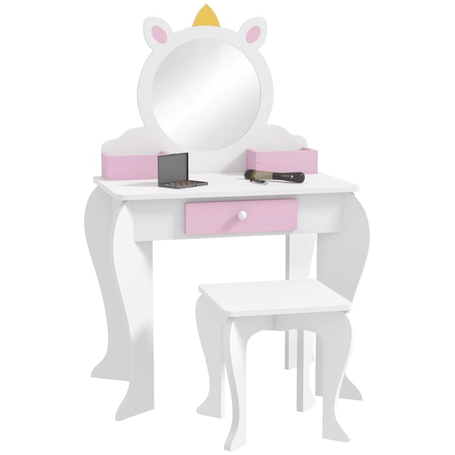 Qaba Coiffeuse pour Enfants avec Miroir et Tabouret, Motif Licorne, Blanc